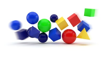 Colorful geometric shapes (cubes, spheres, triangles) tumbling in air, blurred motion
