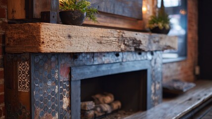 Obraz premium Medium shot of a mixedmaterial fireplace mantel replacement combining metal accents with reclaimed wood illustrating an industrial yet warm updated hearth.