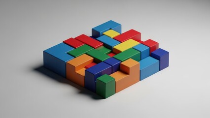 Fototapeta premium Colorful geometric blocks form abstract shape, isometric view, on white surface