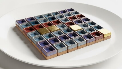 Colorful square grid on white plate, with gold blocks