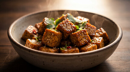 Pan-fried tempeh cubes glazed with sticky soy-lime sauce in a shallow ceramic bowl