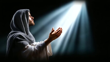 Faceless spiritual figure in traditional robes extending hand in prayer gesture against dramatic dark background, image evoking faith and hope, divine light highlighting outstretch