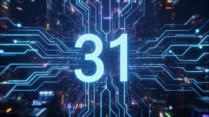 Digital number 31 appears over a futuristic cityscape with flowing circuit board lines, symbolizing AI and deep learning. - Powered by Adobe