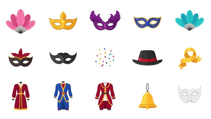 A collection of colorful carnival and masquerade party accessories including various masks, costumes, fans, a hat, a scarf, confetti, and a bell.