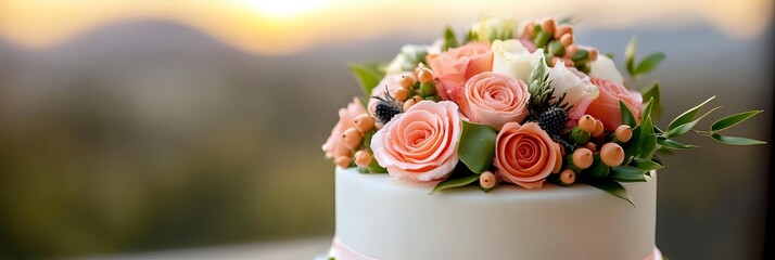 Elegant wedding cake topped with fresh pink roses and greenery against mountain sunset backdrop for romantic celebration and special occasions.