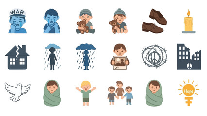 A collection of icons depicting the impact of war and conflict on people, especially children, and symbols of peace and hope.