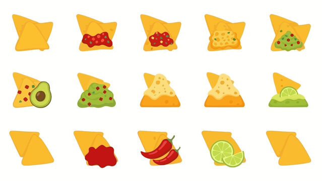 Collection of nacho chips with various toppings and ingredients in a flat vector style.