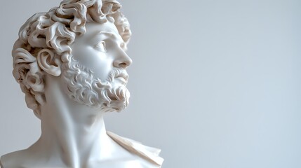 Classical marble sculpture of bearded man with curly hair in ancient Greek or Roman style against white background for art and history projects.