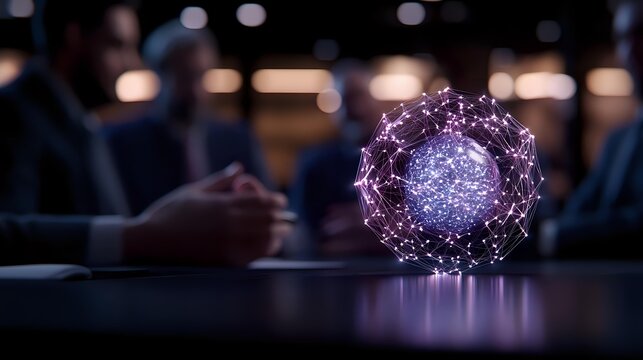 Glowing purple digital sphere with network connections on modern desk in blurred office environment for technology and innovation concepts. - Powered by Adobe
