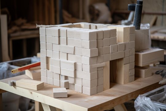 Architectural scale model being assembled with miniature bricks and light colored wood beams on workbench in carpentry studio - Powered by Adobe