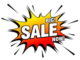 Dynamic comic book style explosion burst with big sale now text for promotional marketing campaigns and retail advertising banners.