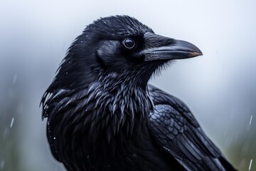 Obraz premium Wet raven is perched, enduring a rain shower, showcasing its resilience and the beauty of nature in a downpour