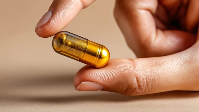 Gold capsule pill held between faceless thumb and forefinger against beige background, pharmaceutical imagery close-up, supplement photography, medical product detail, minimal comp