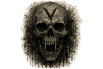 Fototapeta premium Skull featuring prominent vampire fangs and a distinct v mark on the forehead, conveying concepts of the undead, horror, and macabre