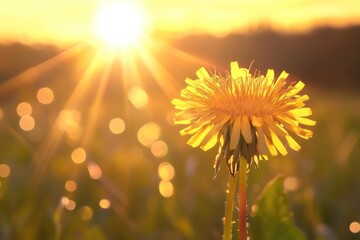 A vibrant dandelion stands tall against the backdrop of a sunset, its yellow petals radiating warmth as the sun sets behind it.