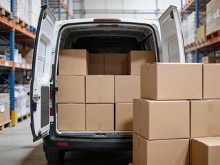 A white delivery van loaded with cardboard boxes inside a large logistics warehouse, ready for transport.