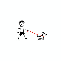 Fototapeta premium Stick boy walks his dog on a leash