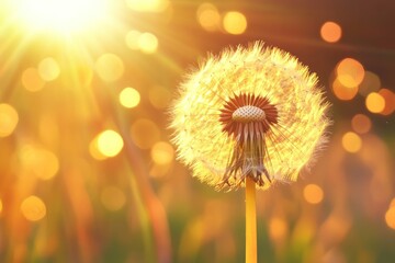 A dandelion stands tall against the backdrop of a sunlit meadow, its seeds swaying gently in the breeze.