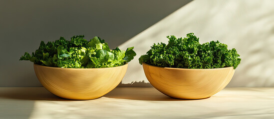 Fresh green kale salad bowl and mixed greens salad bowl on transparent background
