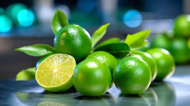 Green limes arrangement with some whole and few halved on shiny reflective surface, fresh citrus fruit display, vibrant produce photography, kitchen ingredient presentation, with c