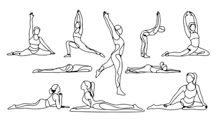  line art illustrations depicting various common yoga asanas or positions. 