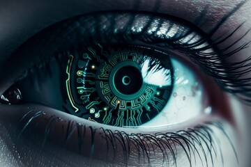Close up of a human eye integrating digital circuit board technology, suggesting futuristic themes of biohacking, artificial intelligence, and transhumanism