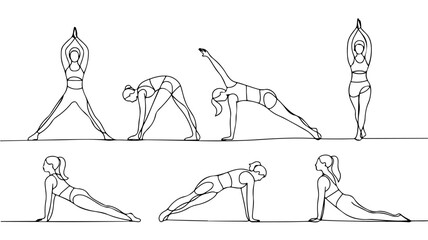  a collection of line art illustrations depicting various common yoga asanas or positions. 