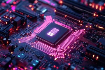 A futuristic circuit board with glowing pink and blue lines and a central glowing bar, surrounded by various electronic components and wires.