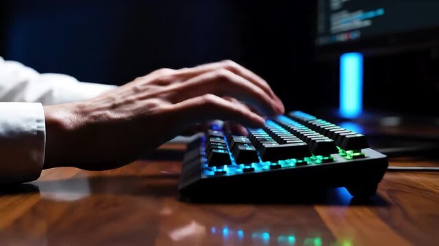 Close-up of hands typing on a colorful mechanical keyboard