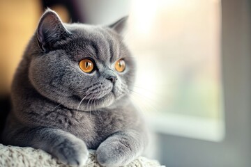 A gray cat with striking orange eyes sits on a windowsill, gazing out at the world beyond.