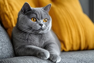 A gray cat with bright yellow eyes is sitting on a couch with a yellow pillow behind it.
