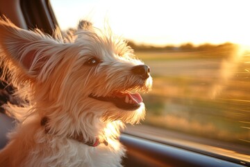 A small, fluffy dog with a white coat and brown patches is sitting in the back seat of a car, looking out the window at the sunset.