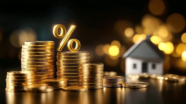 House icon with glowing percent sign beside stacks of coins symbolizing mortgage rates or home loan interest, financial visualization, real estate investment concept, economic imag
