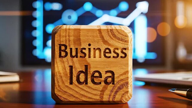 Business idea concept on wooden block, Wooden block with the text Business Idea on a desk, with a blurred background showing graphs and charts