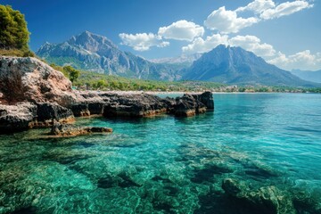 A stunning view of a rocky coastline with crystal-clear turquoise waters, surrounded by majestic mountains under a bright blue sky.