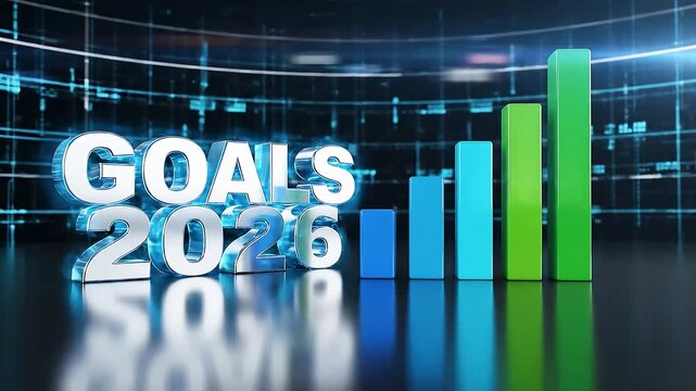Goals 2026 with Rising Bar Graph Animation, 3D text displaying Goals 2026 next to a rising bar graph, symbolizing growth and future planning