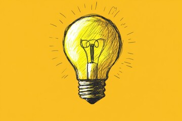 A vibrant yellow light bulb against a black background, illuminating the surrounding darkness.