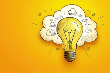 A bright yellow light bulb hangs from a string of white clouds in a blue sky. The light bulb is surrounded by a cloud of white smoke, and there are several small white clouds floating around it.