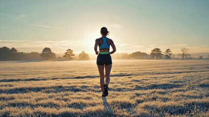 A woman jogging through a field with sunrise lighting.