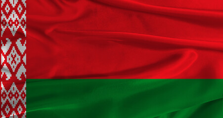Flag of Belarus with fabric textured background. Close up of National flag of Belarus with...