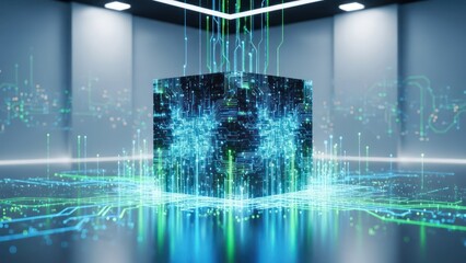 Glowing cube in a room, energy lines flow up and down