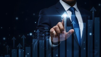 Businessman interacting with virtual data interface in a futuristic setting