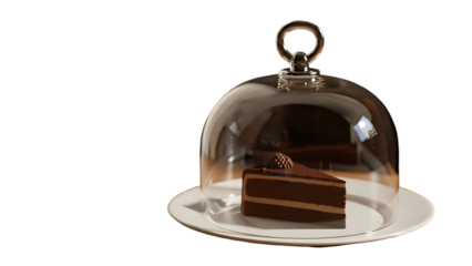 A chocolate cake slice under a glass cloche isolated on transparent background