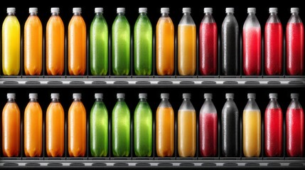 Colorful bottles of fizzy drinks line the shelves of a vending machine, inviting passersby to indulge in a refreshing choice. Each hue promises a burst of flavor and fun