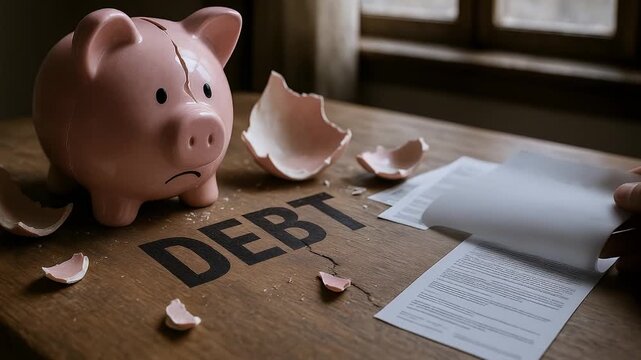 Broken piggy bank with sad face on wooden table near hand holding paper and financial documents, debt text symbolizing financial struggle, money problems, and financial stress concept