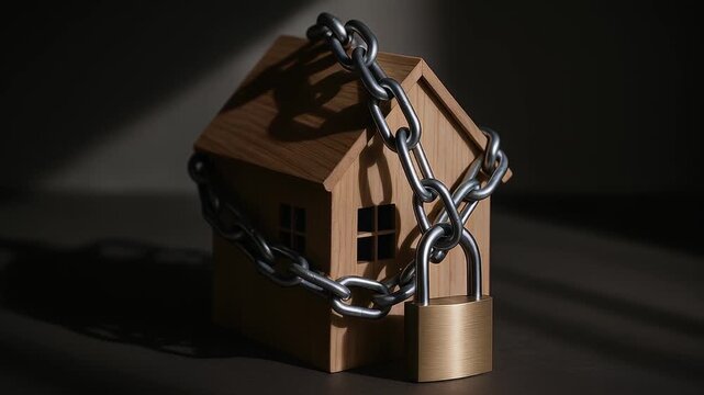 Wooden house wrapped with metal chain and brass padlock symbolizing security protection safety lock in dark shadow background home safety concept residential property real estate lock wood texture