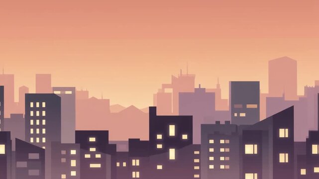 Stylized cityscape illustration at dusk with illuminated windows and a warm gradient sky, featuring various modern buildings.