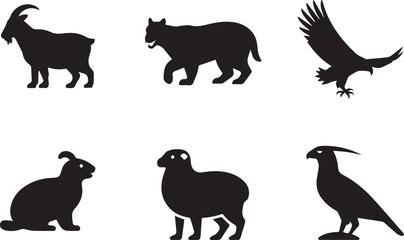 Obraz premium Set of animal silhouettes, black and white vector illustration of wild and domestic animals, isolated collection for wildlife, nature, and design concepts