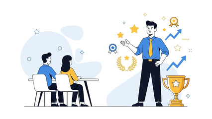 motivational business presentation with successful team and goal achievement scene