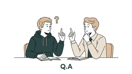 Illustration of two young men engaged in a question and answer discussion with one appearing